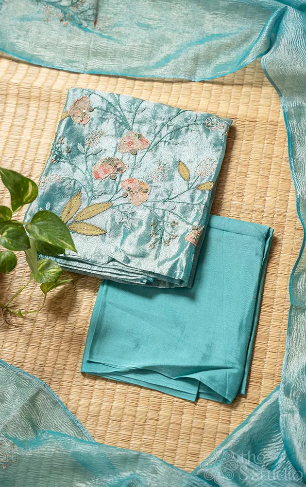 Blue tissue salwar suit with floral embroidery