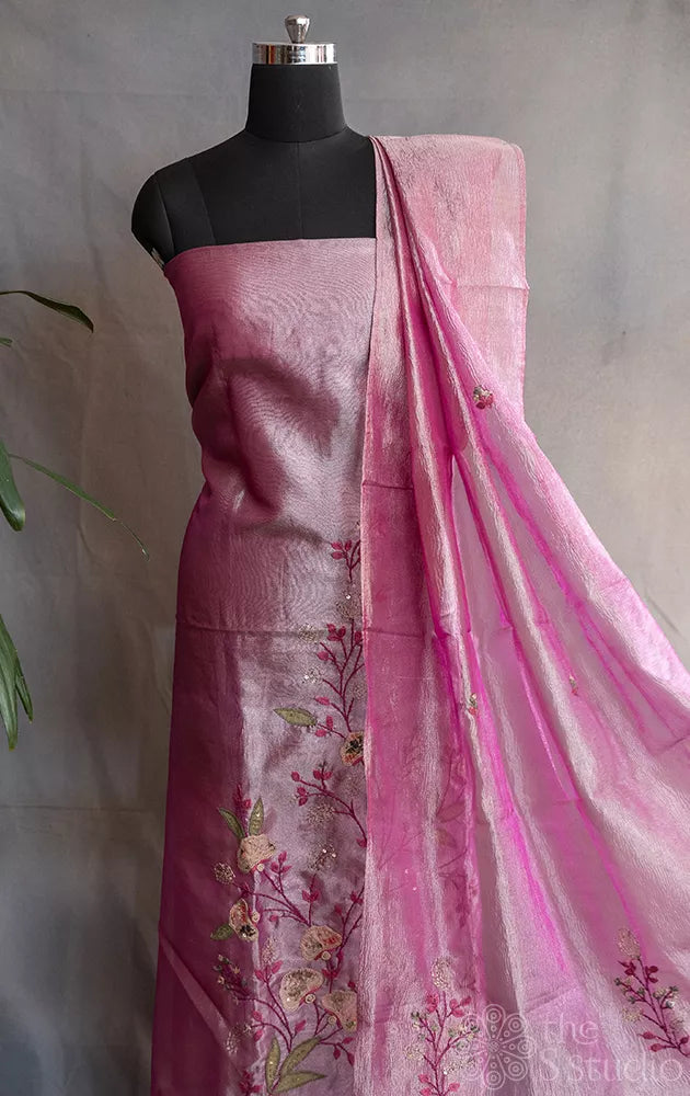 Pink tissue silk salwar set with embroidery
