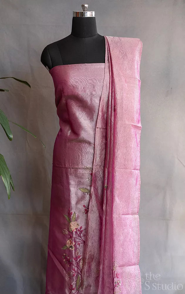 Pink tissue silk salwar set with embroidery