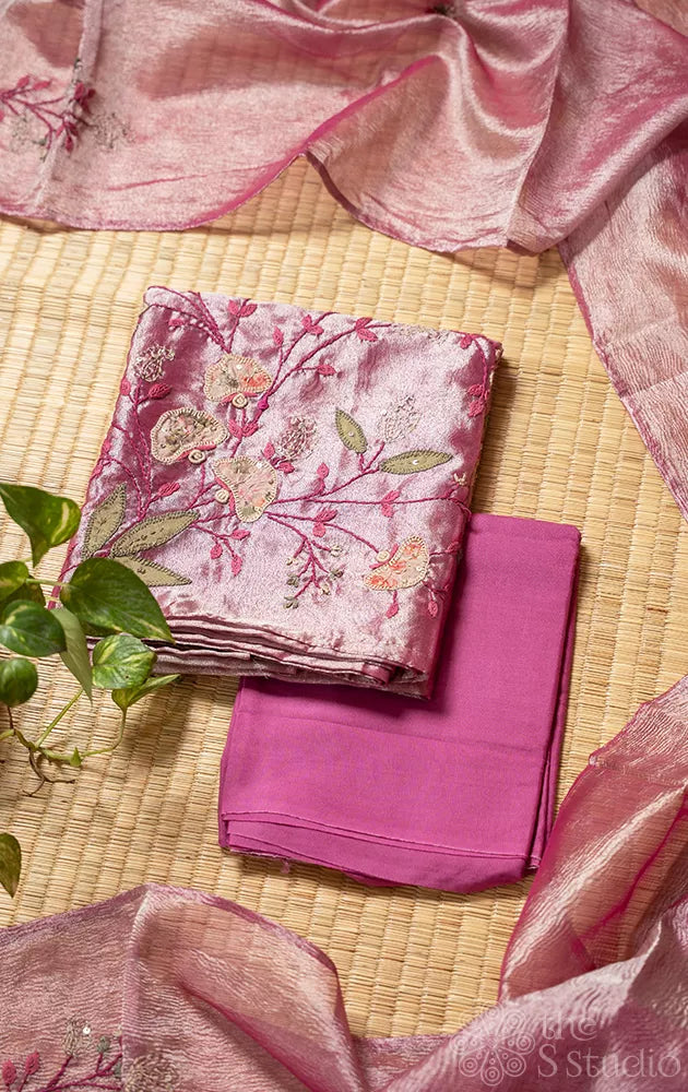 Pink tissue silk salwar set with embroidery