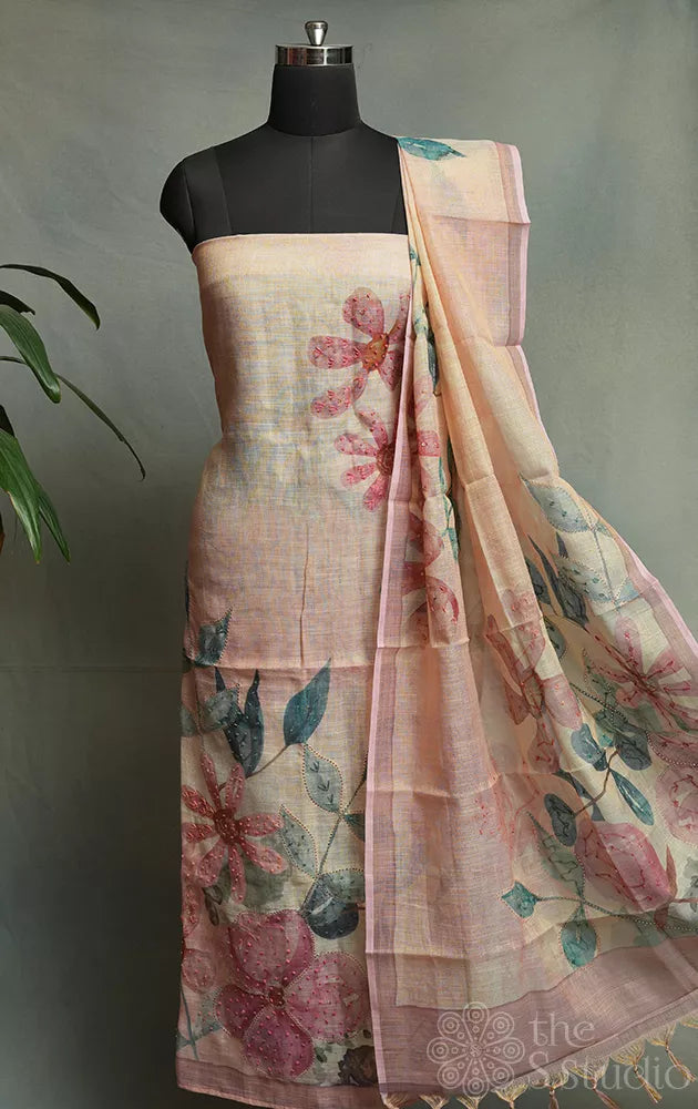 Onion pink linen cotton salwar suit with french knot embroidery