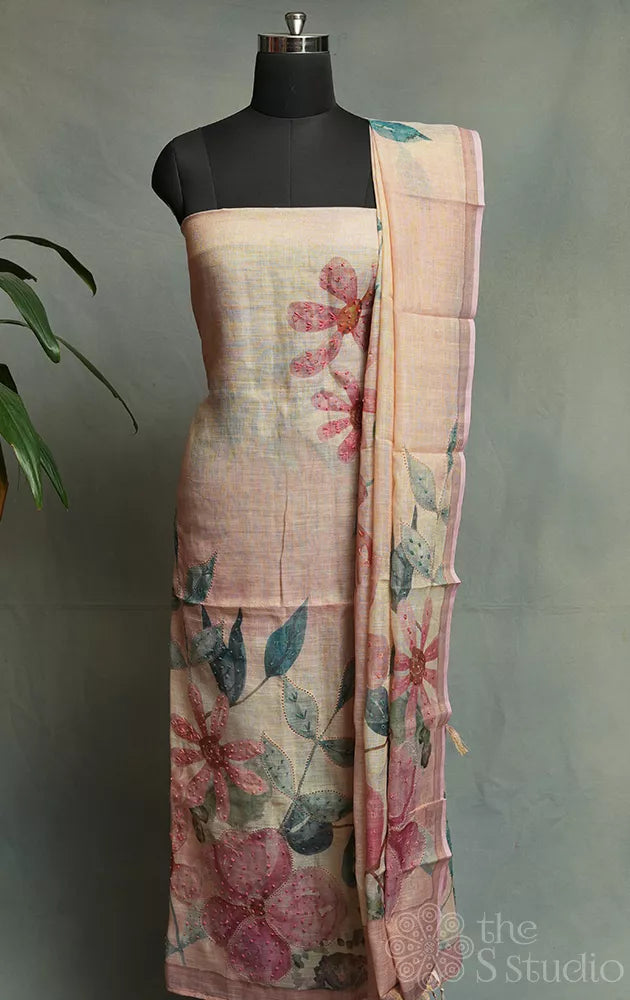 Onion pink linen cotton salwar suit with french knot embroidery