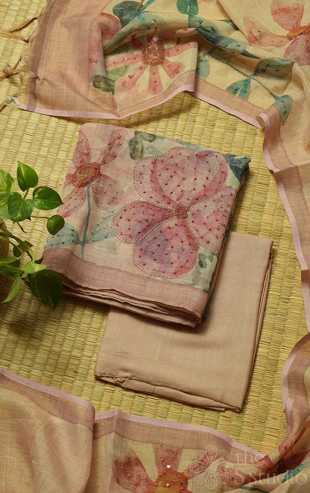 Onion pink linen cotton salwar suit with french knot embroidery