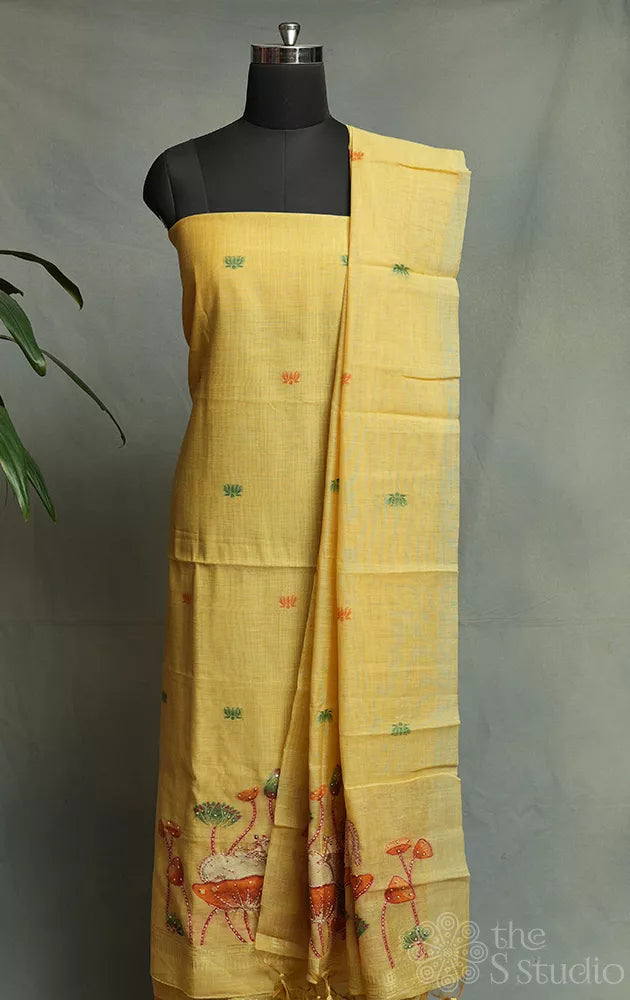 Mustard yellow linen cotton salwar suit with pichwai cow motifs