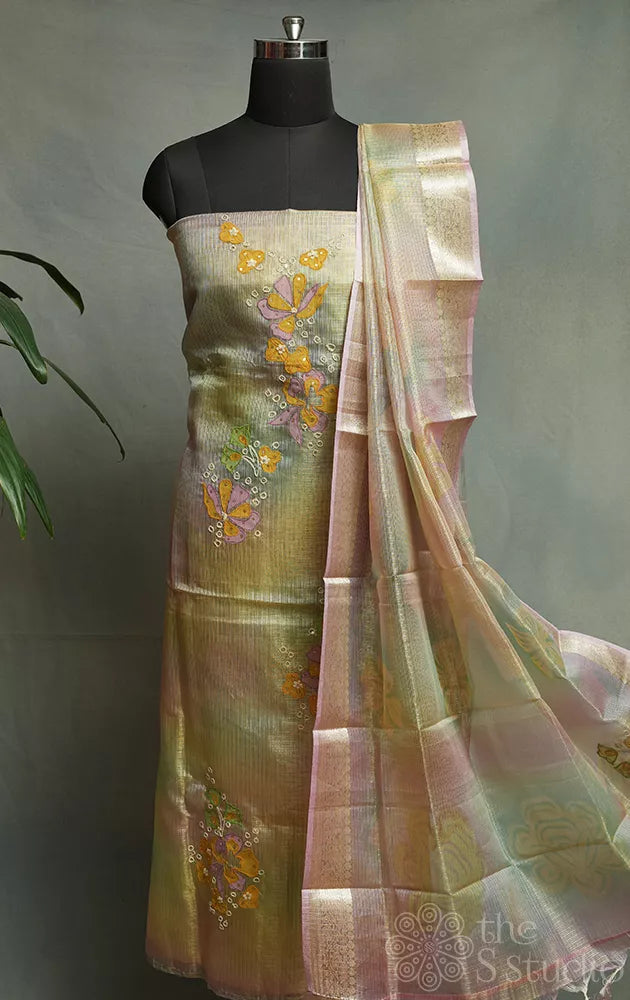 Shades of gold, pink and green tissue salwar set with applique work