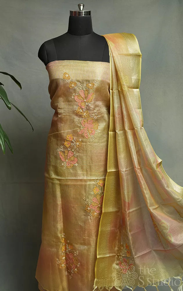 Golden tissue salwar suit with applique work and matching dupatta