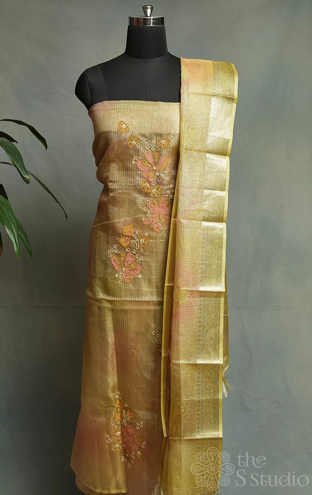 Golden tissue salwar suit with applique work and matching dupatta