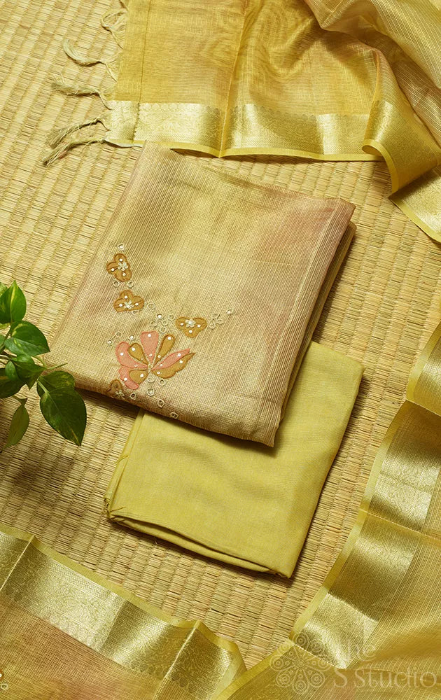 Golden tissue salwar suit with applique work and matching dupatta