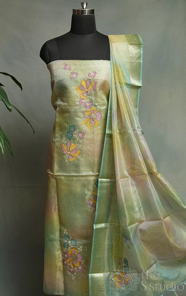 Shades of gold, pink and blue tissue salwar set with applique work