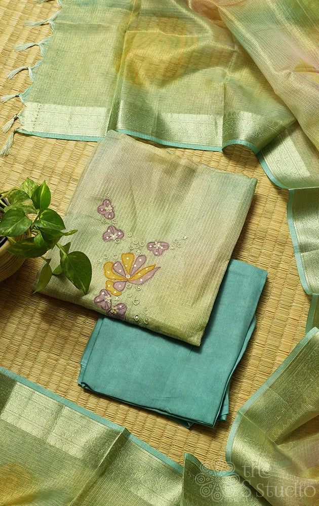 Shades of gold, pink and blue tissue salwar set with applique work