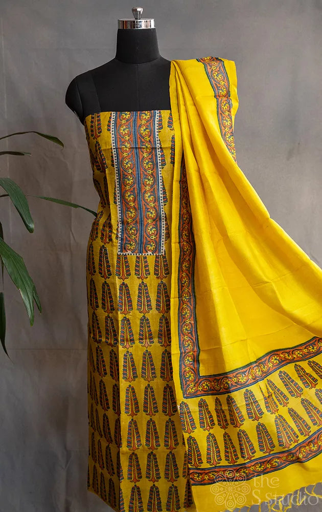 Yellow tussar silk salwar suit with grey block prints
