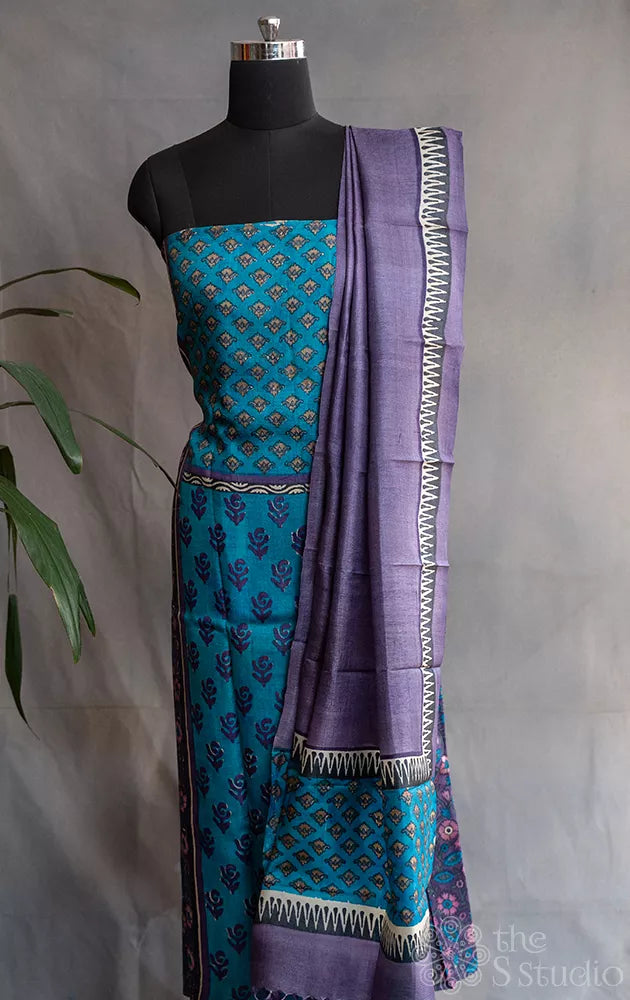 Blue pure tussar silk salwar set with violet floral prints