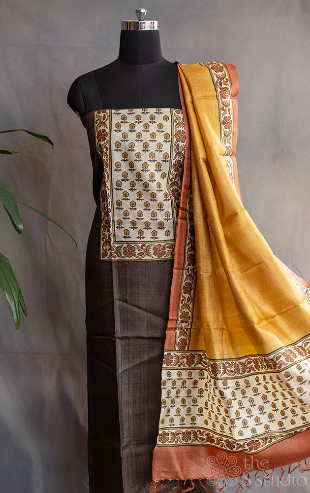 Brown pure tussar silk salwar suit with grey block prints
