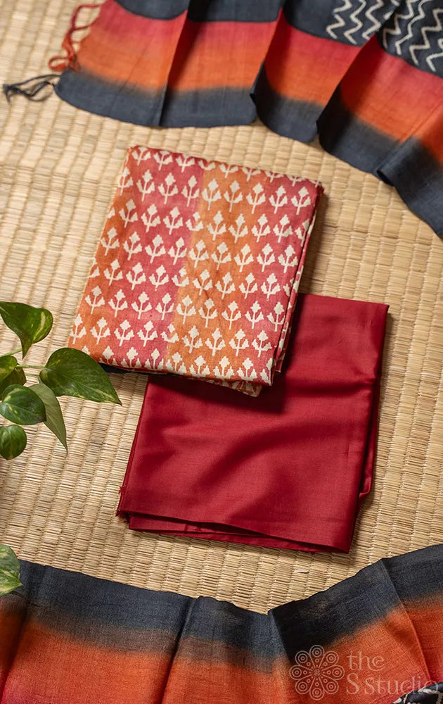 Peach orange pure tussar silk salwar suits with maroon bottom