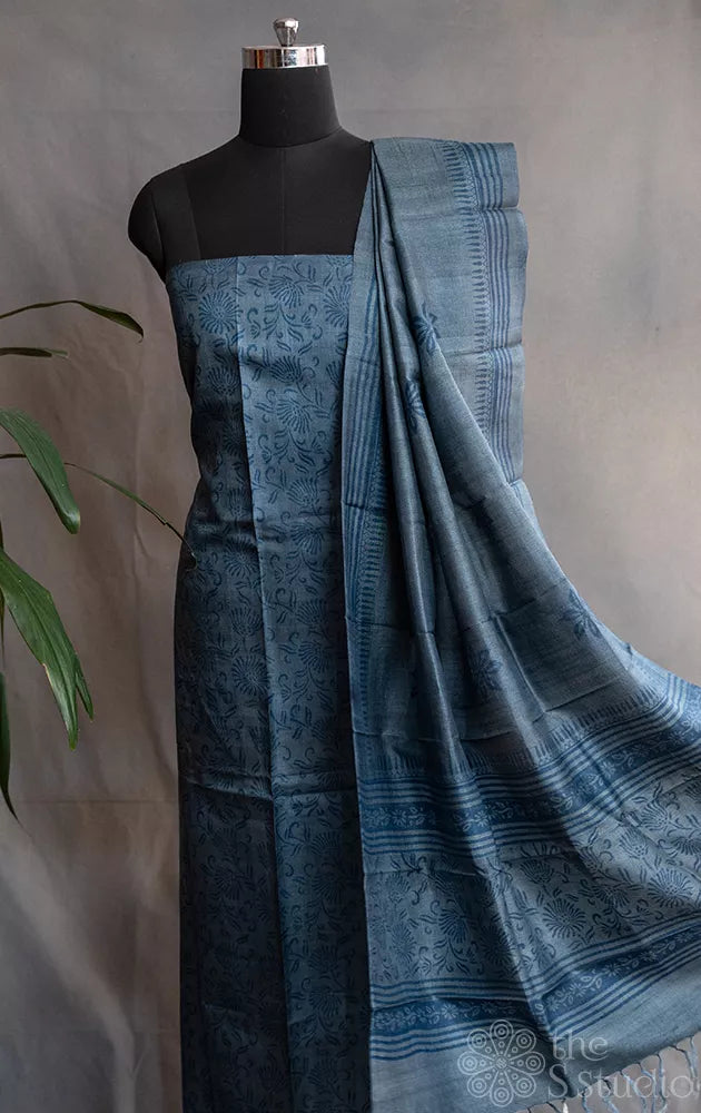 Bluish grey pure tussar silk salwar set with floral block prints
