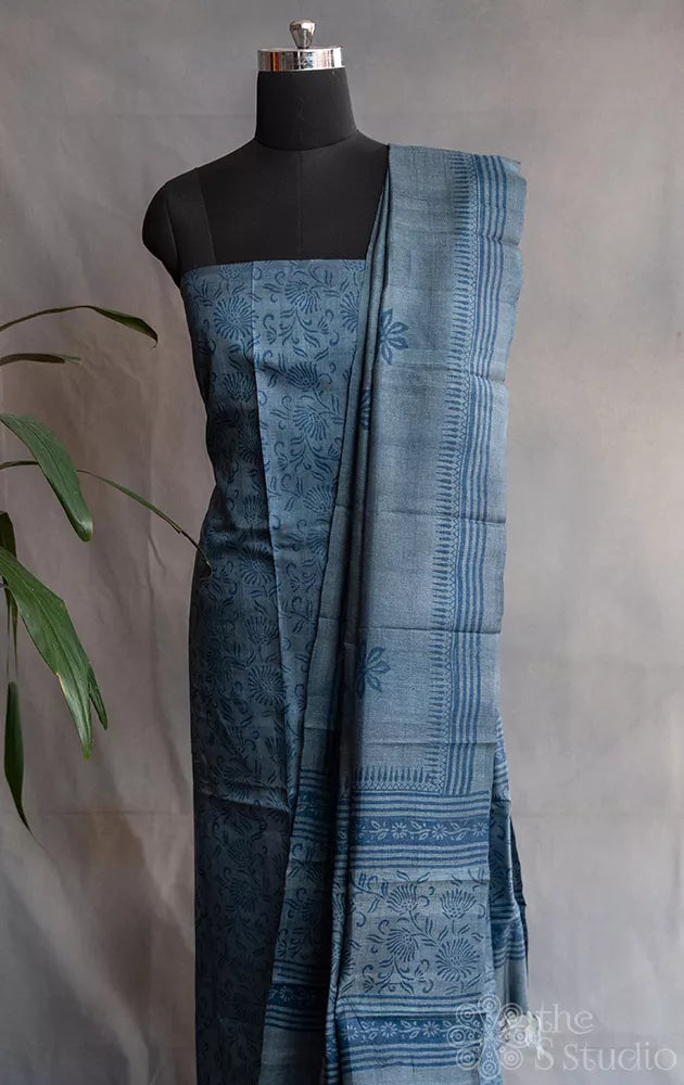 Bluish grey pure tussar silk salwar set with floral block prints