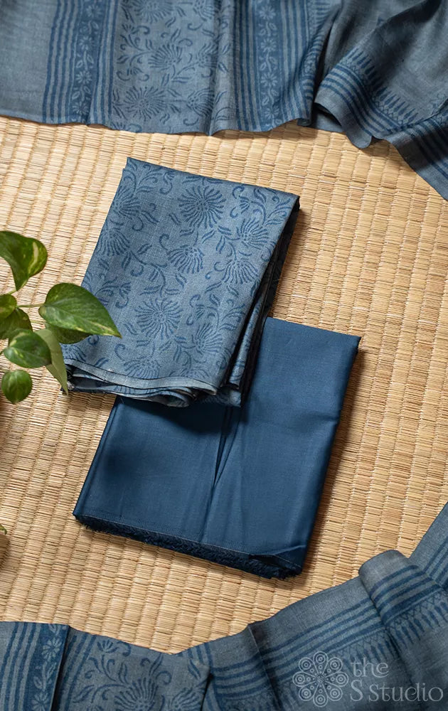 Bluish grey pure tussar silk salwar set with floral block prints
