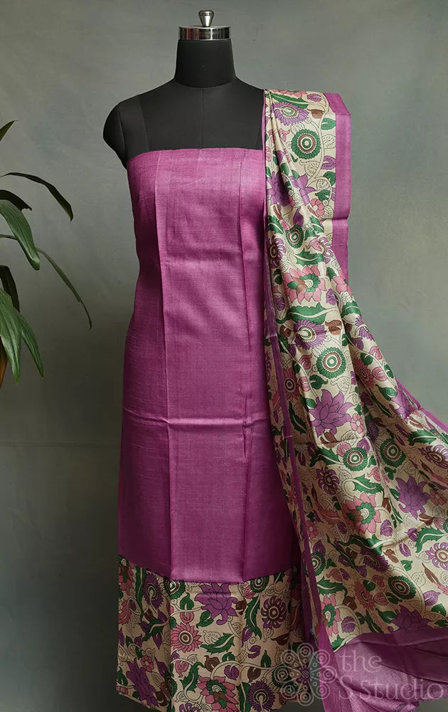 Lavender tussar silk kurta and dupatta set with kalamkari prints