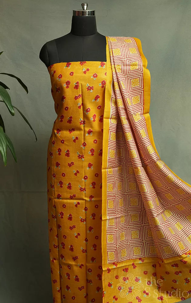 Mustard tussar silk small floral prints kurta and dupatta set