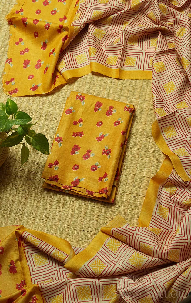 Mustard tussar silk small floral prints kurta and dupatta set