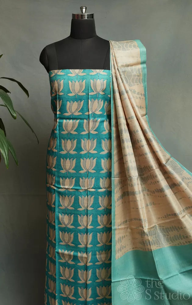 Sea blue tussar silk kurta and dupatta set with beige lotus prints