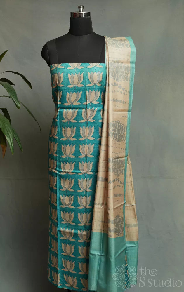 Sea blue tussar silk kurta and dupatta set with beige lotus prints