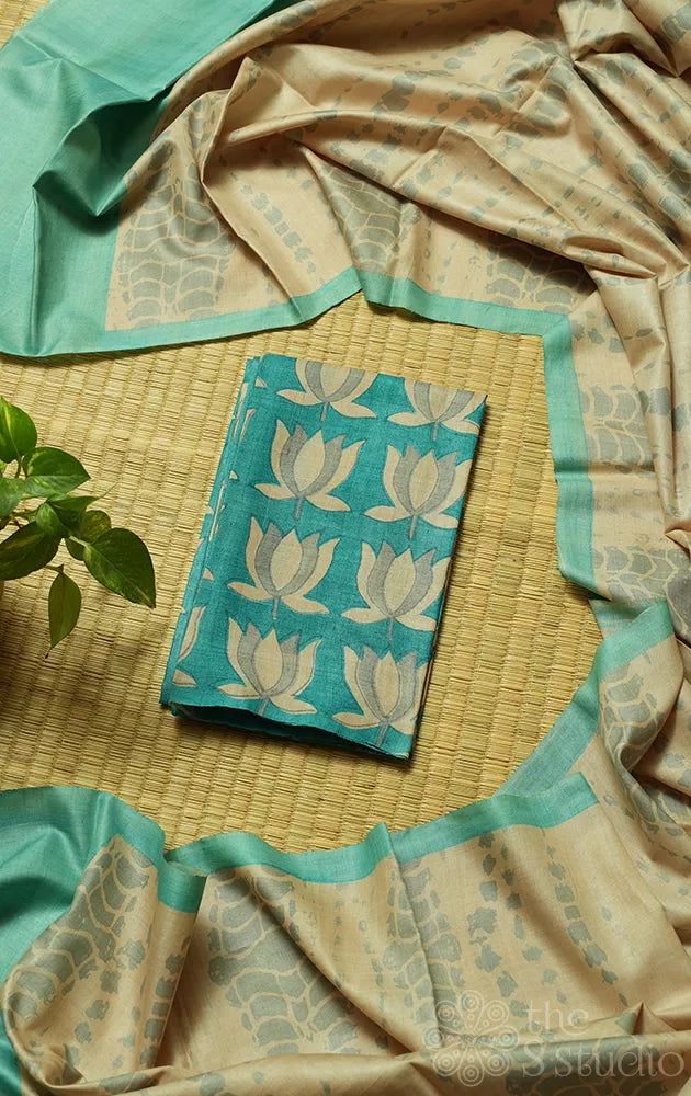 Sea blue tussar silk kurta and dupatta set with beige lotus prints