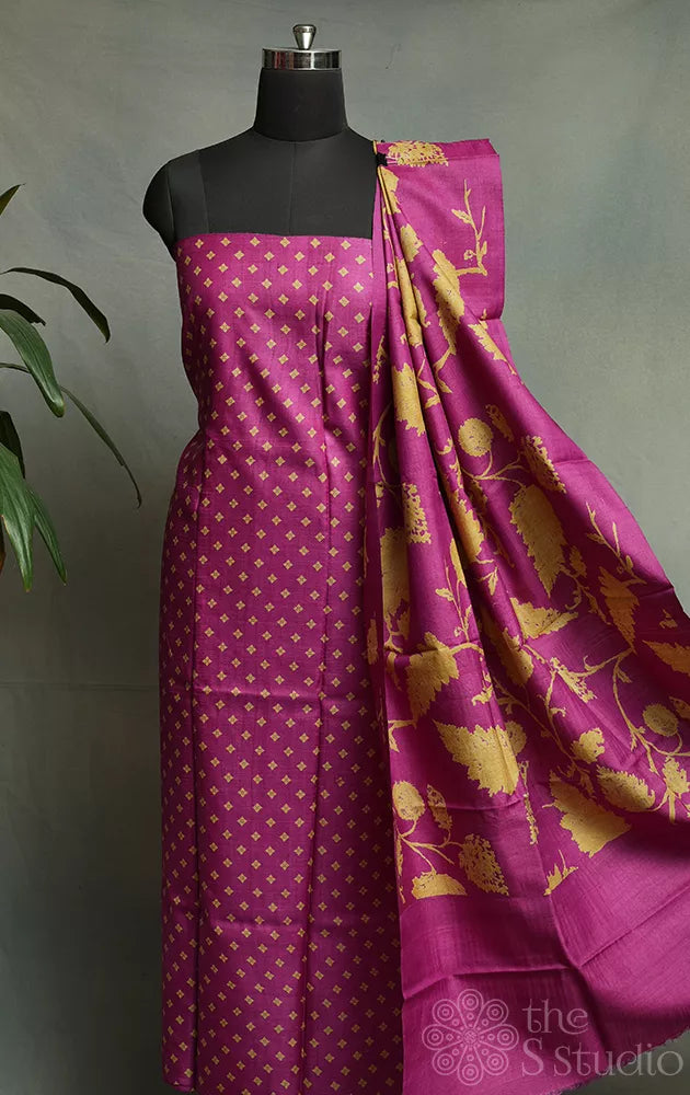 Magenta with beige tussar silk kurta and dupatta set