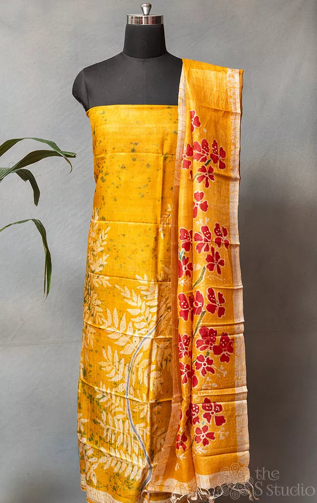 Mustard Tussar silk kurta with batik print dupatta