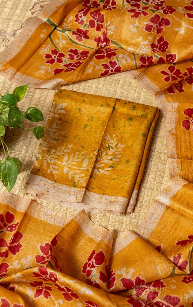 Mustard Tussar silk kurta with batik print dupatta