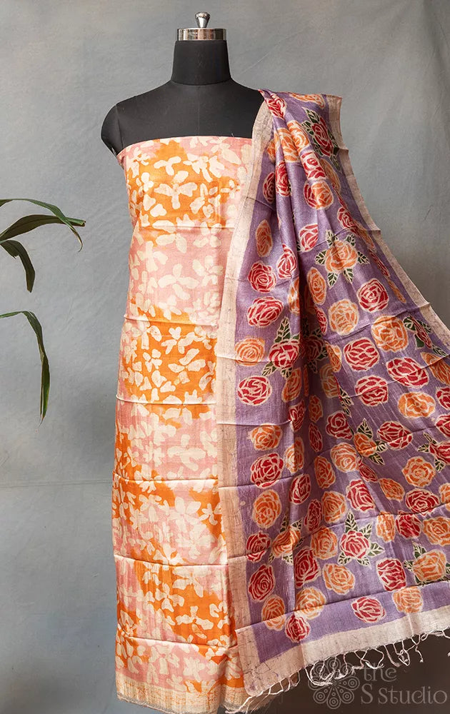 Pink & peach tussar silk kurta with batik print dupatta