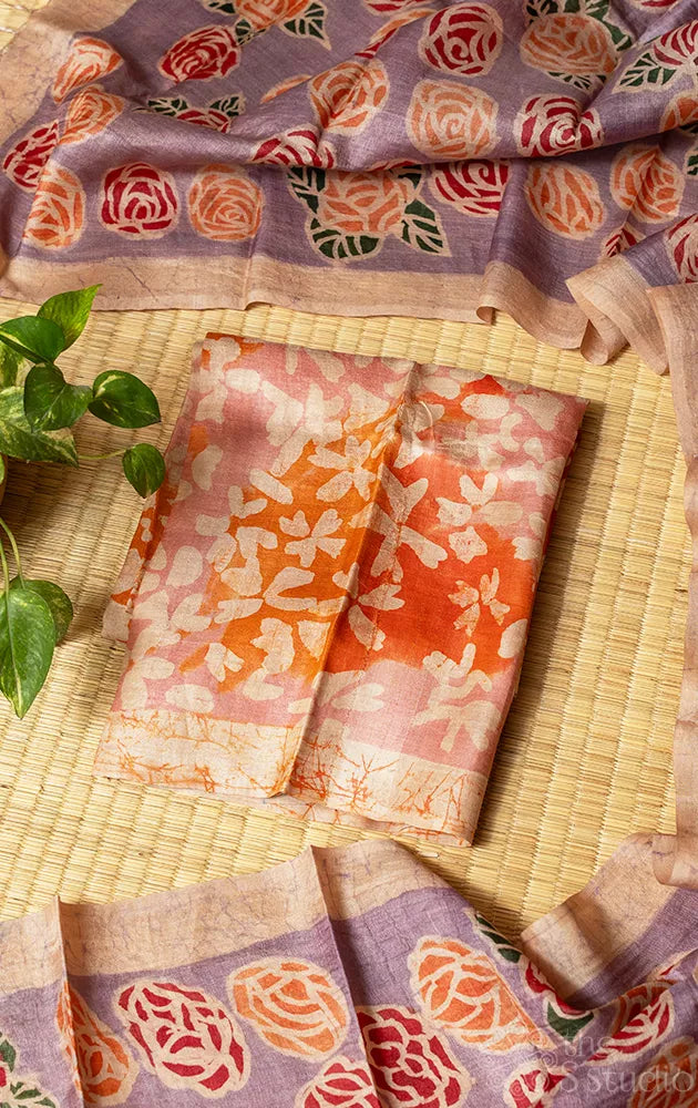 Pink & peach tussar silk kurta with batik print dupatta