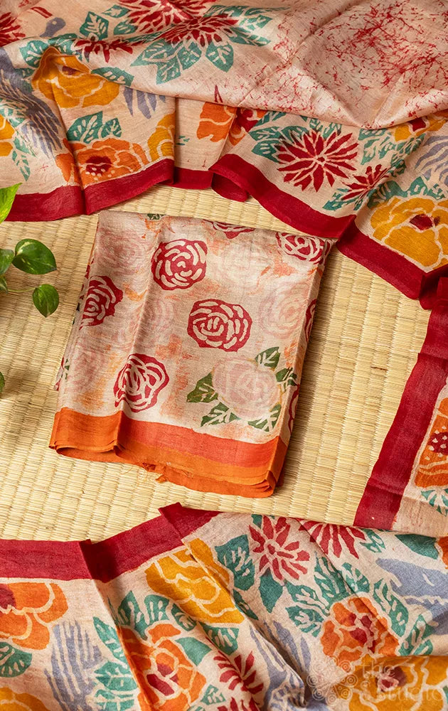 Beige & Maroon tussar silk kurta with batik print dupatta