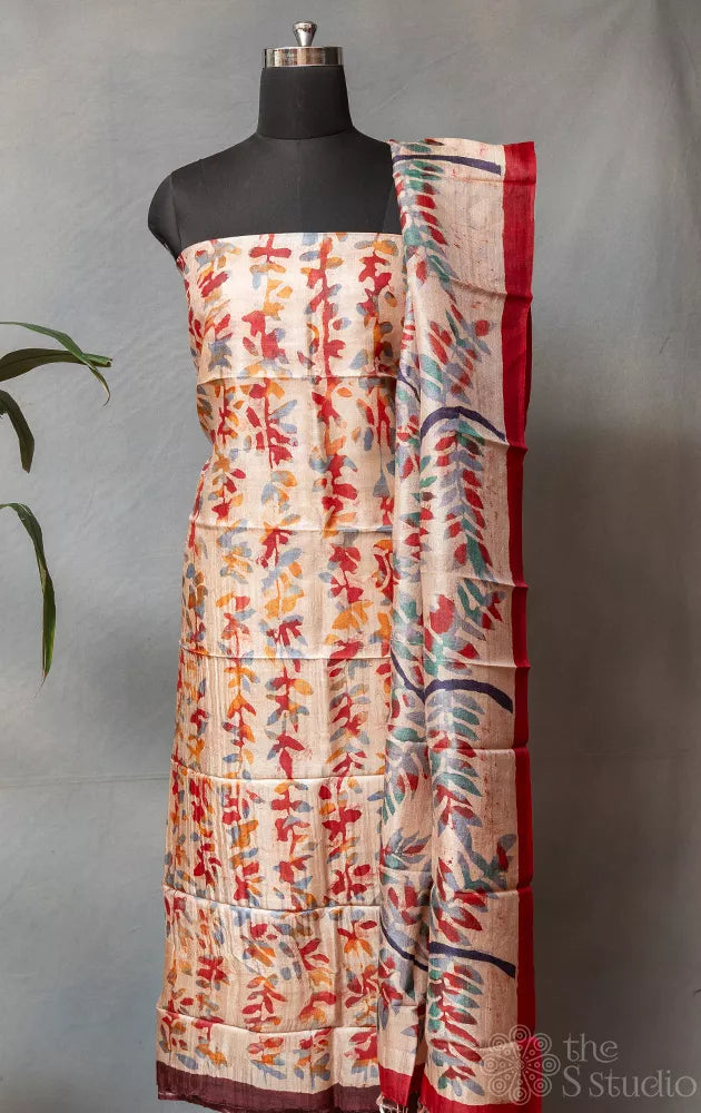 Beige with Orange & maroon tussar silk kurta with batik print dupatta