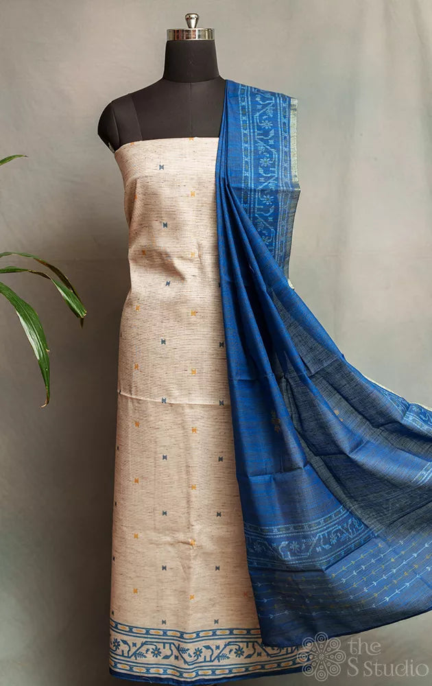 Beige cotton salwar suit with contrast blue dupatta