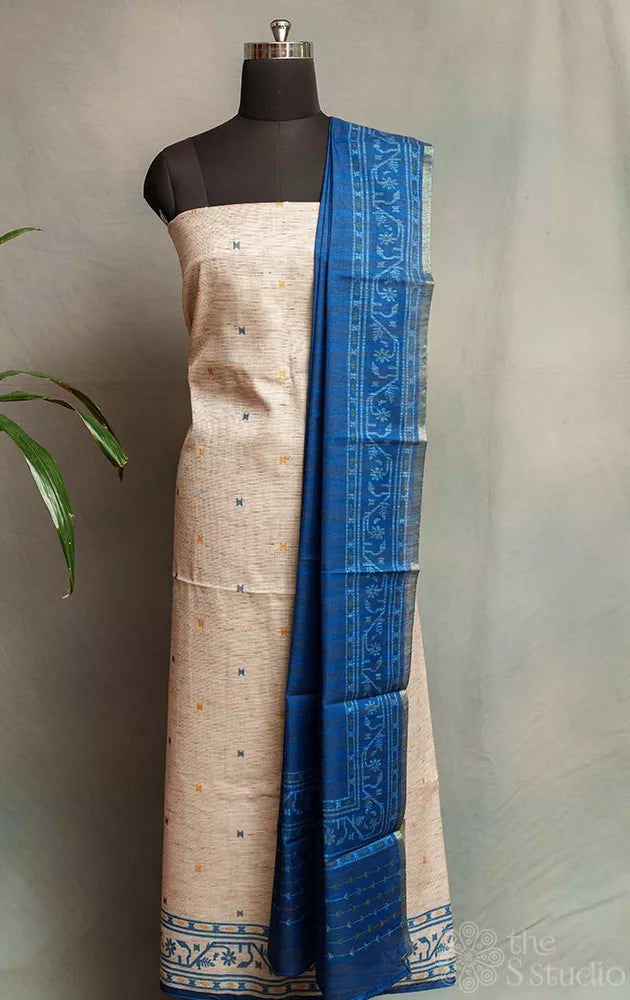 Beige cotton salwar suit with contrast blue dupatta