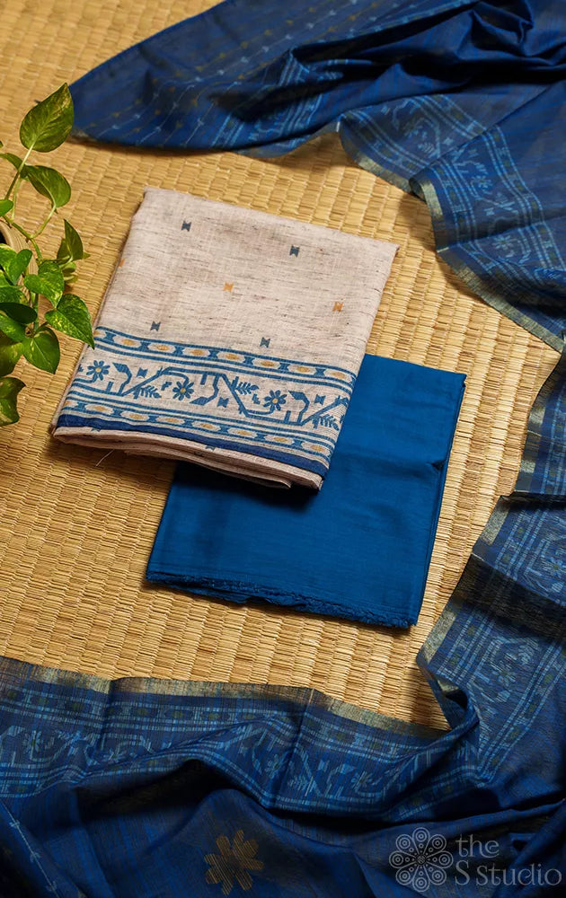 Beige cotton salwar suit with contrast blue dupatta
