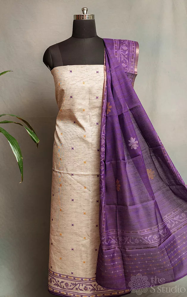 Beige cotton salwar suit with contrast purple dupatta