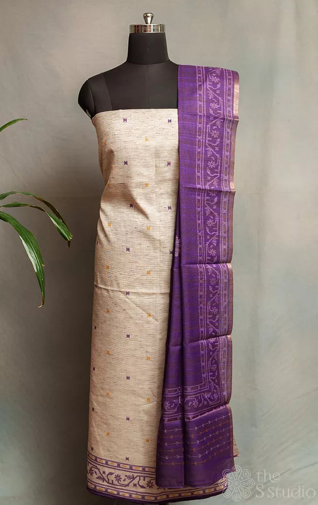 Beige cotton salwar suit with contrast purple dupatta