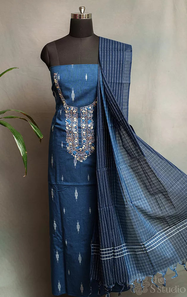 Navy blue cotton salwar suit with hand embroidery