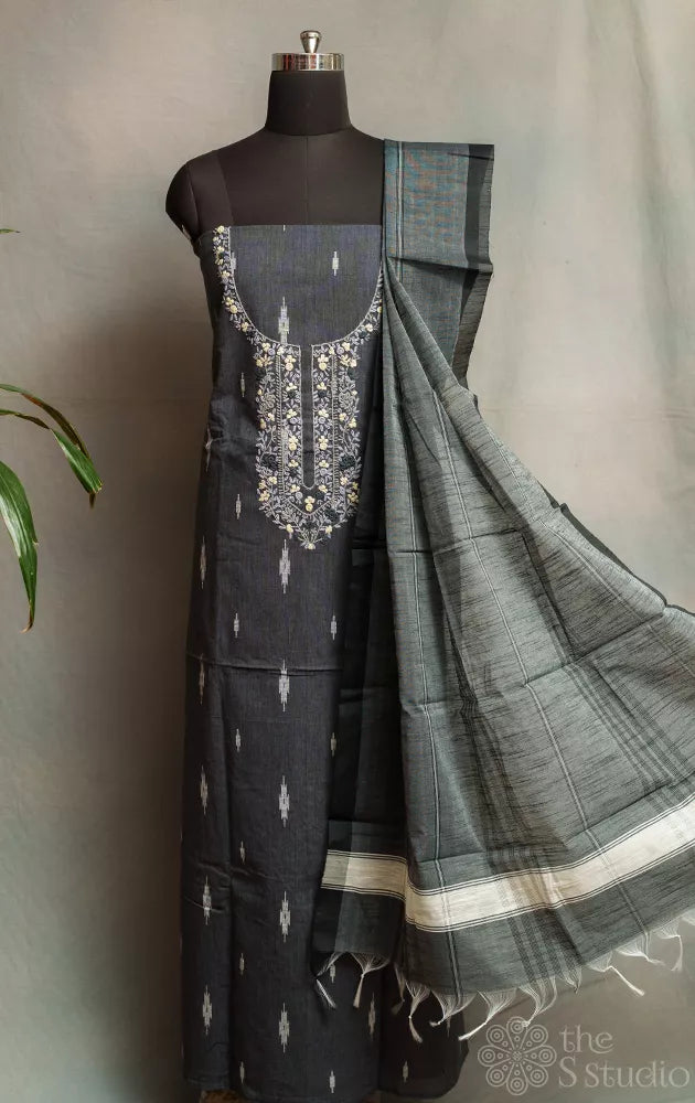Grey cotton salwar suit with white neck embroidery
