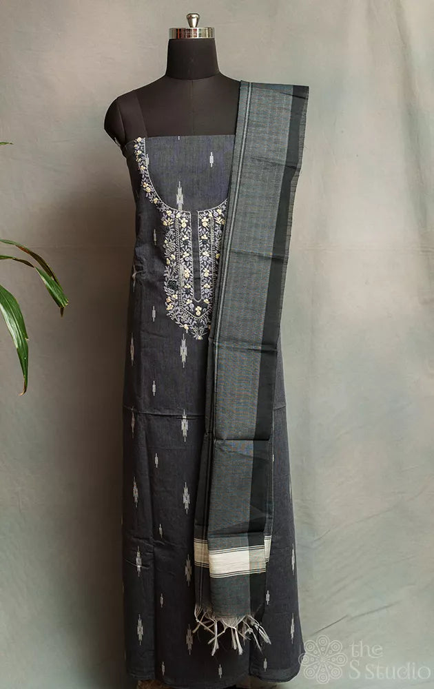 Grey cotton salwar suit with white neck embroidery