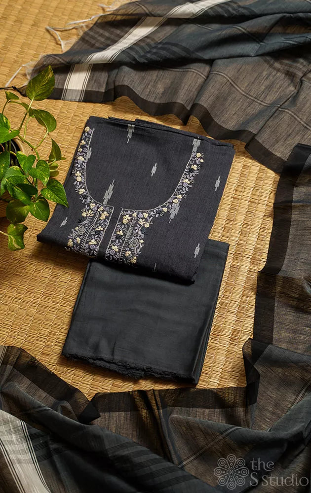 Grey cotton salwar suit with white neck embroidery