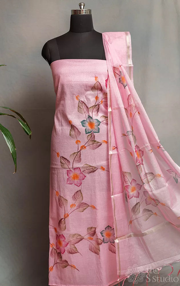 Pink chanderi cotton salwar suit with floral hand painting