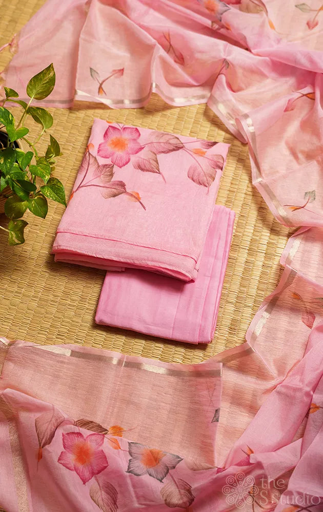 Pink chanderi cotton salwar suit with floral hand painting