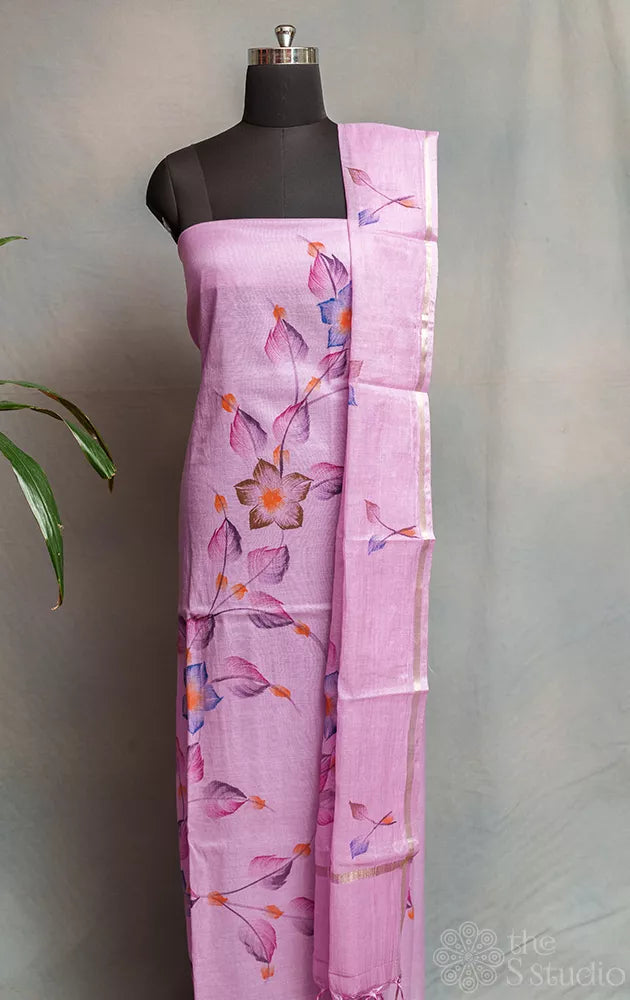 Lavender chanderi cotton salwar suit with floral hand painting