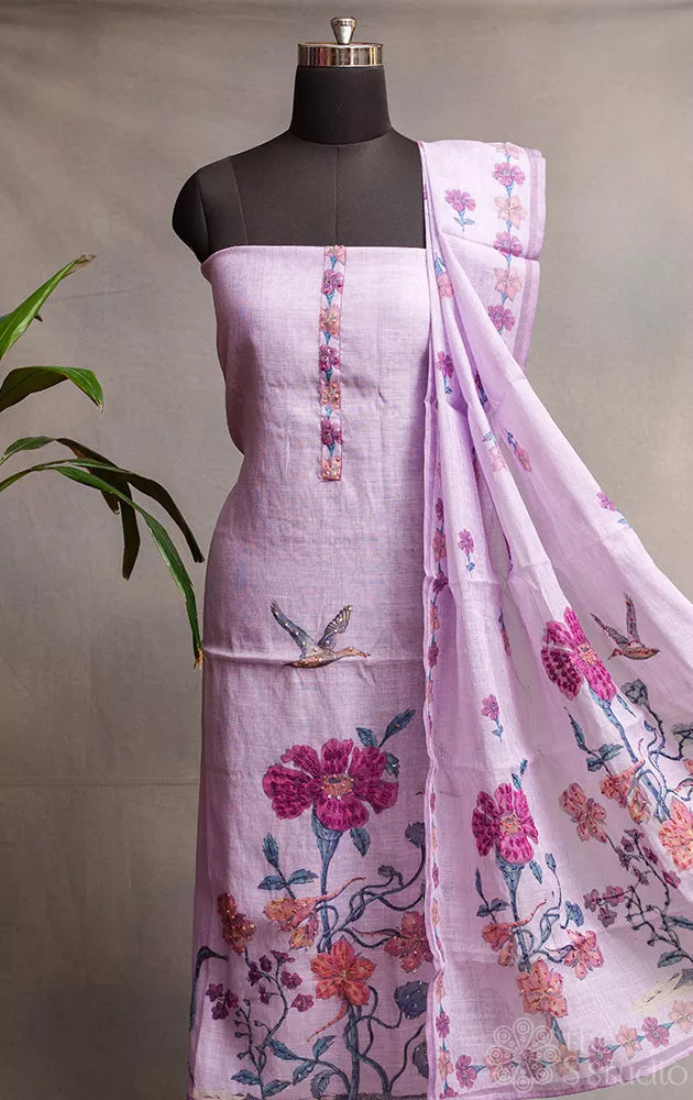 Lavenderi linen cotton salwar suit with floral prints and kantha embroidery