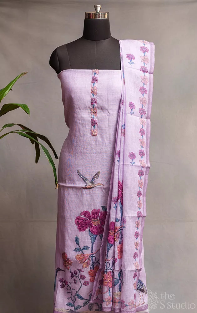 Lavender linen cotton salwar suit with floral prints and kantha embroidery