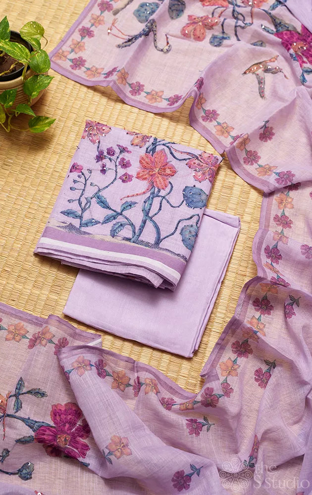 Lavender linen cotton salwar suit with floral prints and kantha embroidery