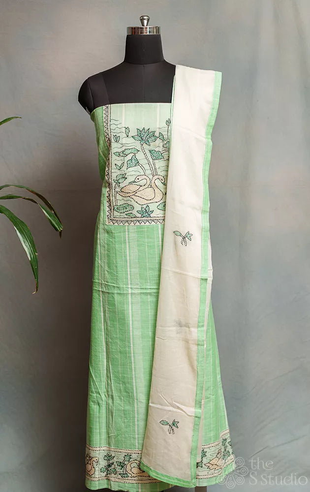 Light green cotton salwar suit with kantha hand embroidery